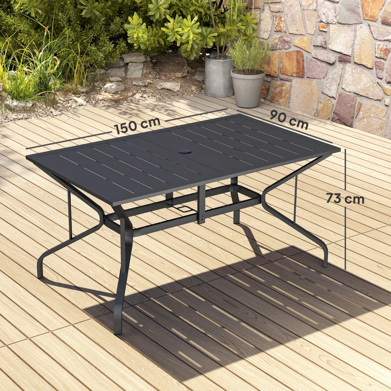 Outsunny Tuintafel Staal 150x90 cm Weerbestendige Balkontafel met Parasolgat, Lamellendesign voor 6 Personen Zwart