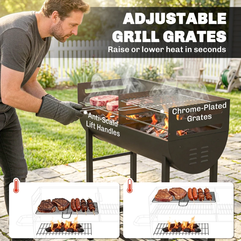 Outsunny Charcoal Barbecue Grill with 2 Cooking Areas, Portable BBQ Trolley with Wheels, Height Adjustable Grates, Bottom Shelf