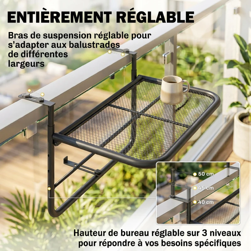 Outsunny Table Suspendue pour Balcon dim. 60L x 56,5l cm Hauteur réglable 3 Niveaux métal époxy Noir