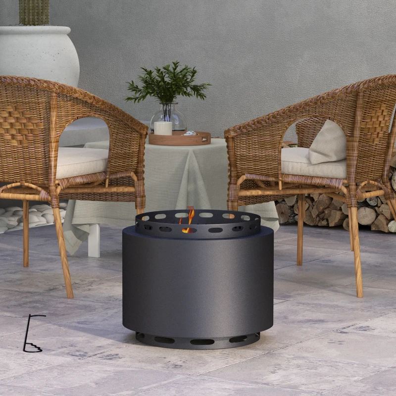 Outsunny Smokeless Fire Pit, 48.5cm Portable Wood Burning Firepit with Poker for Garden Camping Bonfire Party, Metal, Black