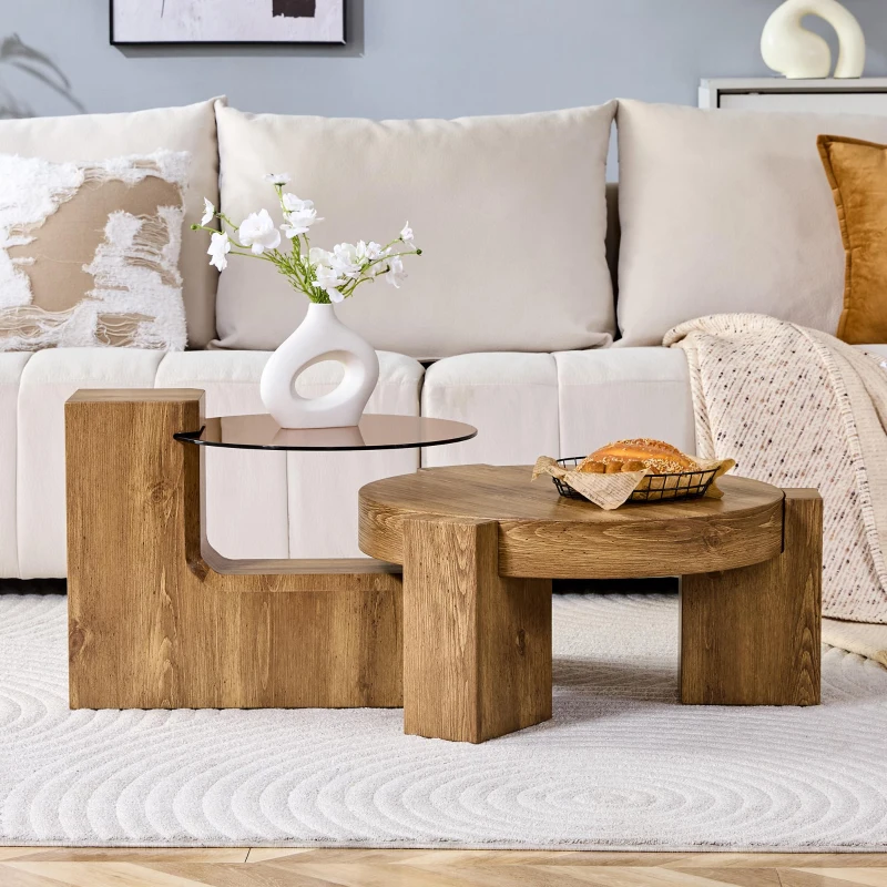 Ensemble 2 tables basses rondes, design 2 niveaux modulable, pieds en L renforcés, 61x61x30 cm, Couleur naturelle