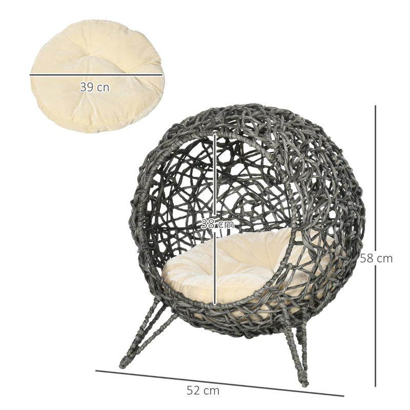 PawHut Coș pisică pat înălțat pisică cozi cuib confort pernă pufoasă inclusă rășină imitând răchita Ø 52 x 58H cm gri