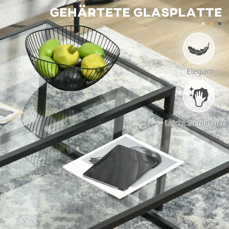 HOMCOM 2-delige set salontafels, glazen tafels, met poedergecoat staal, zwart + transparant
