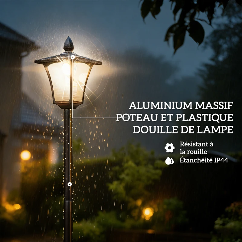 Outsunny Lampadaire solaire extérieur avec jardinière, lampadaire sur pied étanche, hauteur 160cm, pour jardin, cour, allée, noir