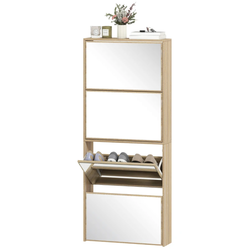HOMCOM Sapateira Estreita com Espelho 4 Portas Abatíveis para 12 Pares de Sapatos para Espaços Reduzidos 63x17x146 cm Madeira