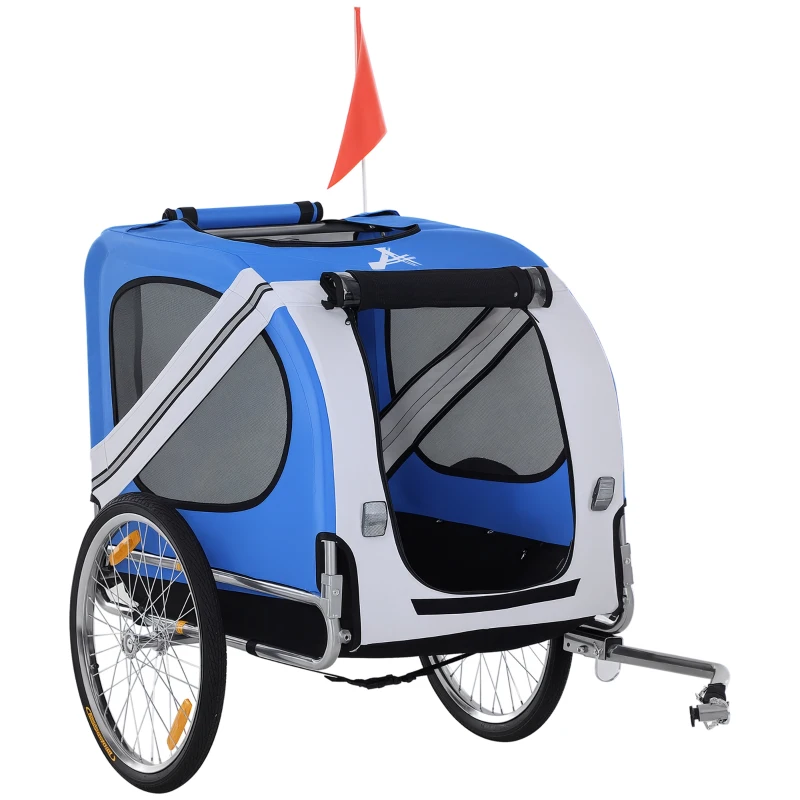 PawHut Remorque vélo pour chien animaux 8 réflecteurs drapeau barre attelage inclus 130 x 73 x 90 cm blanc et bleu