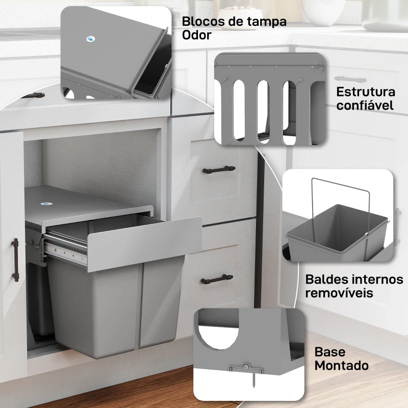 HOMCOM Balde de Lixo Embitido com 2 Recipientes Removíveis para Reciclagem Capacidade Total 30L (15Lx2) 48x34,3x35,1 cm Cinzento Claro