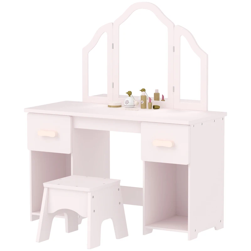 AIYAPLAY Kids Dressing Table, Kids Vanity Table and Chair Set with Tri-Folding Mirror, 2 Drawers, 2 Cabinets for Girls 3+, Pink