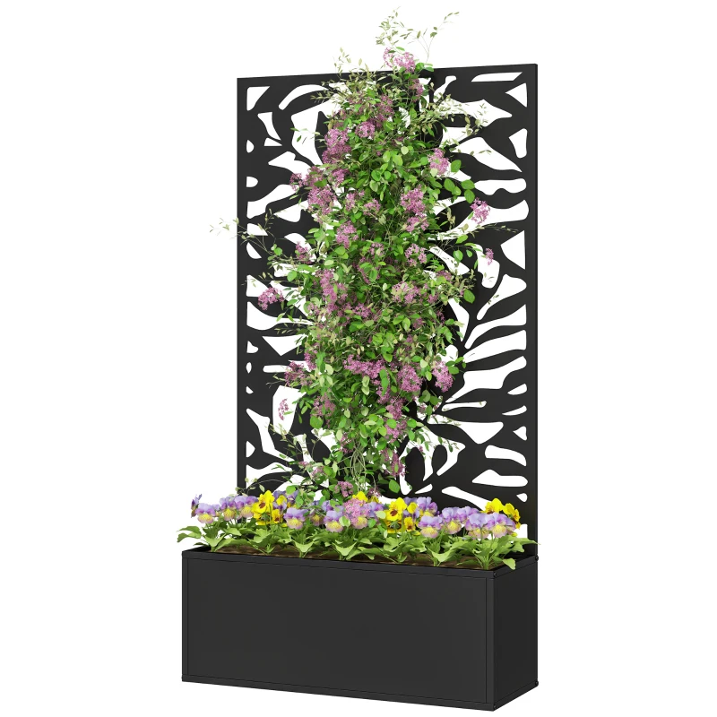Outsunny Floreira Elevada com Painel de Privacidade de Folhas Decorativas de Metal e Opção de Montagem na Parede 61x23x113 cm Preto
