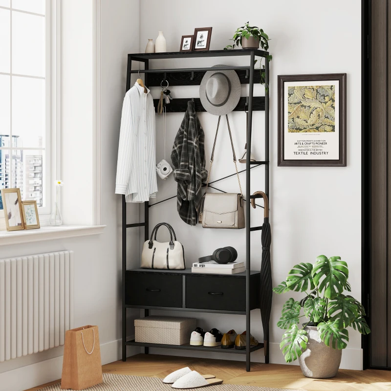 HOMCOM Kapstok met Schoenenrek in Industriële Stijl, Kledingrek met 2 Stoffen Lades, 8 Haken, Metalen Frame, Zwart(m-2)