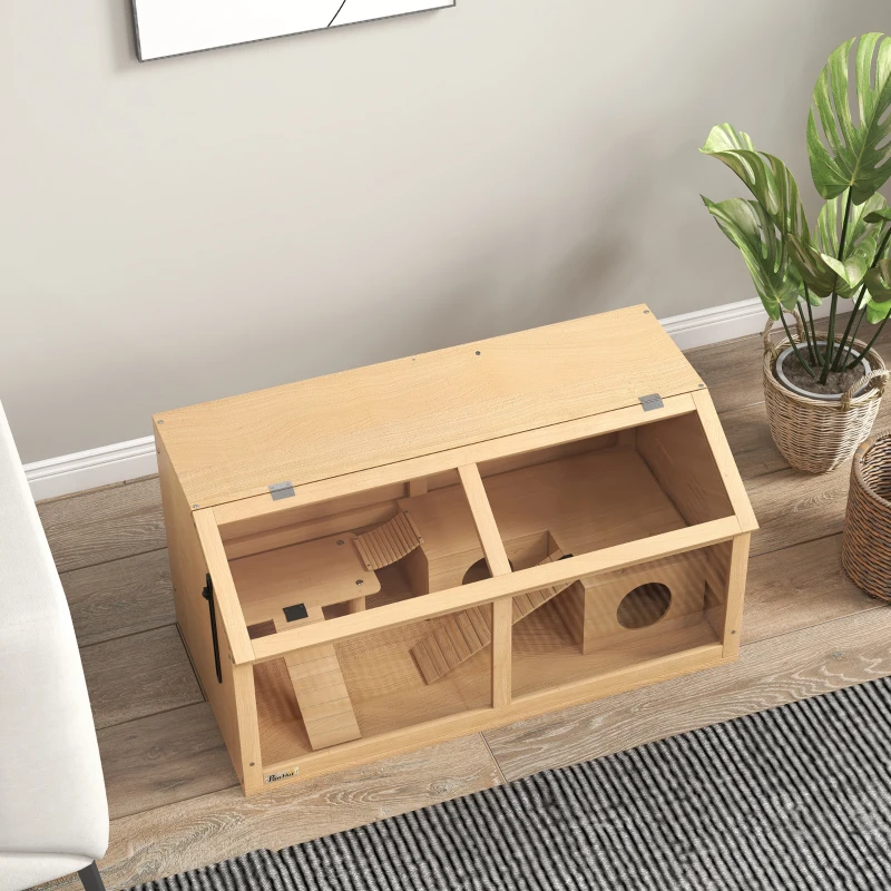 PawHut Cage hamster en bois habitat grand pour rongeur ventilation couvercle ouvrant et accessoires 85x45x44cm bois naturel
