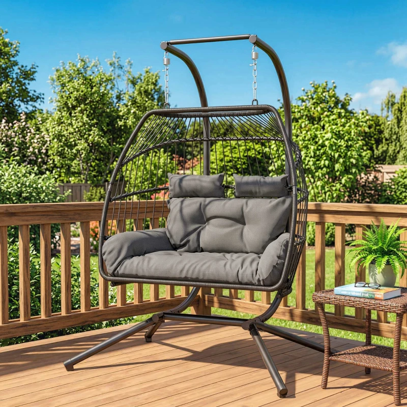 Outsunny Rattan Double Hanging Egg Chair with Stand, Foldable Wicker Swing Egg Chair with Cushion, Head Pillows, Steel Frame, Hammock Chair for Indoor Outdoor, Capacity 260 kg, Dark Grey