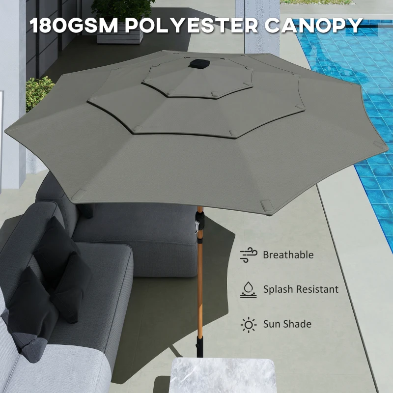 Outsunny Garden Parasol, Parasol Umbrella with 3-tier Roof, Crank Handle, Tilt Function, Polyester Canopy, Grey