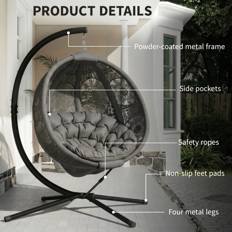 Outsunny Round Egg Basket Chair, with Steel Stand, Charcoal Grey