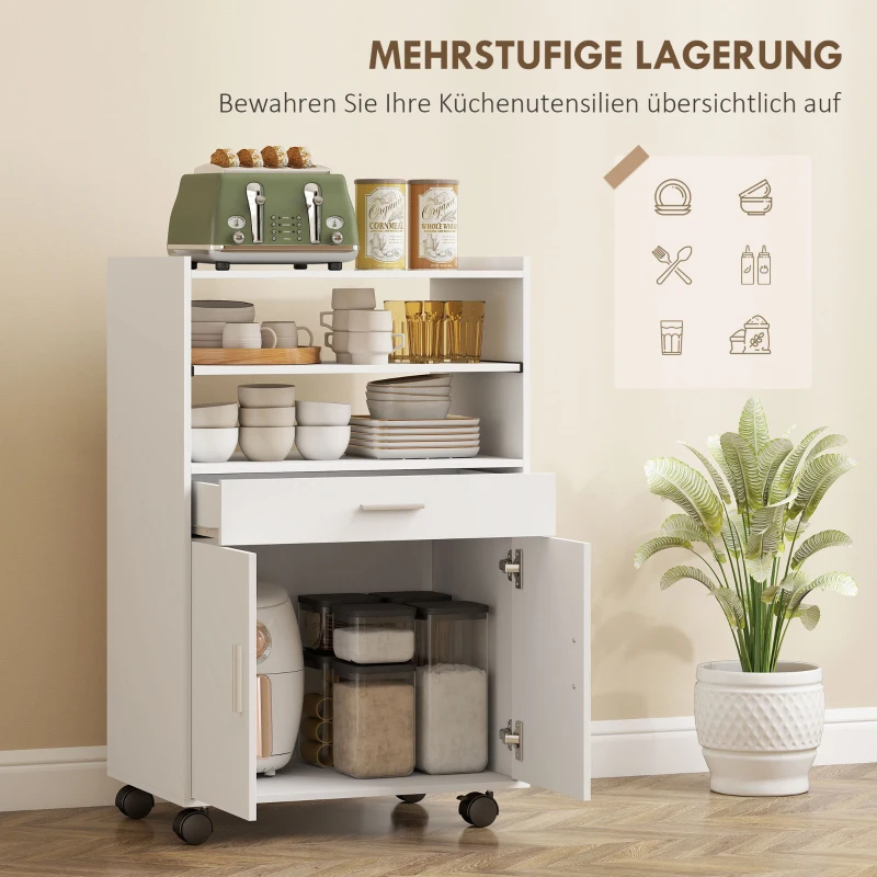 HOMCOM magnetronkast, rek, dubbeldeurskast, lade, wielen, wit(m-4)