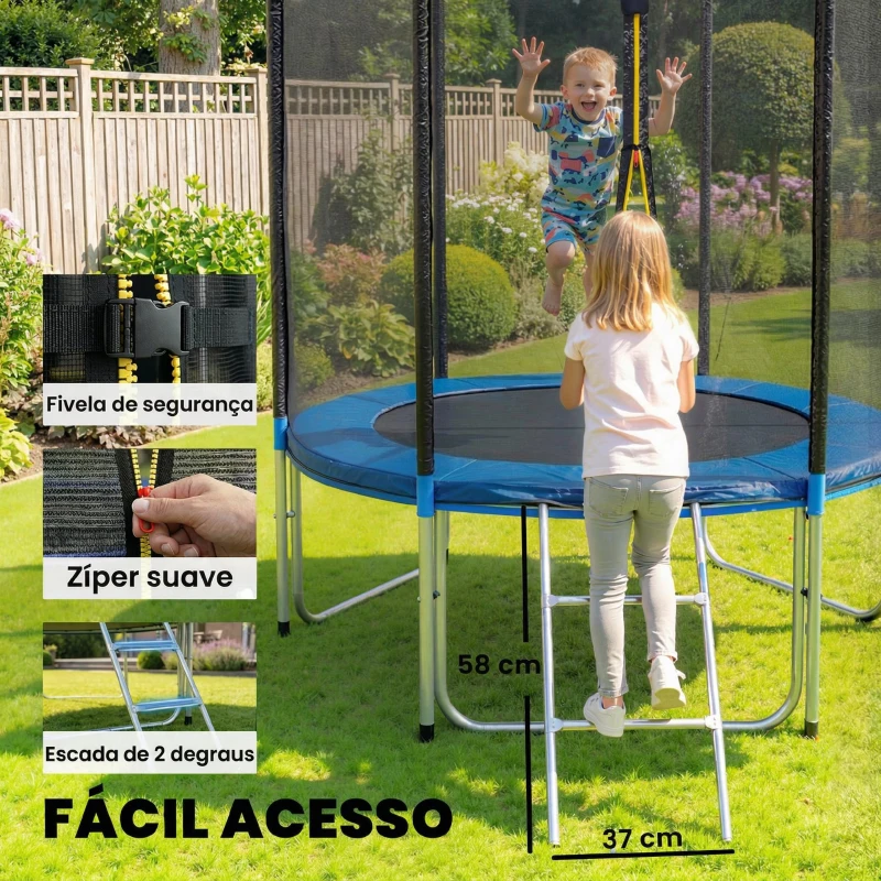 SPORTNOW Cama Elástica Exterior Ø183 cm Trampolim para Crianças com Rede de Segurança Escada e Acolchoamento de Molas Azul