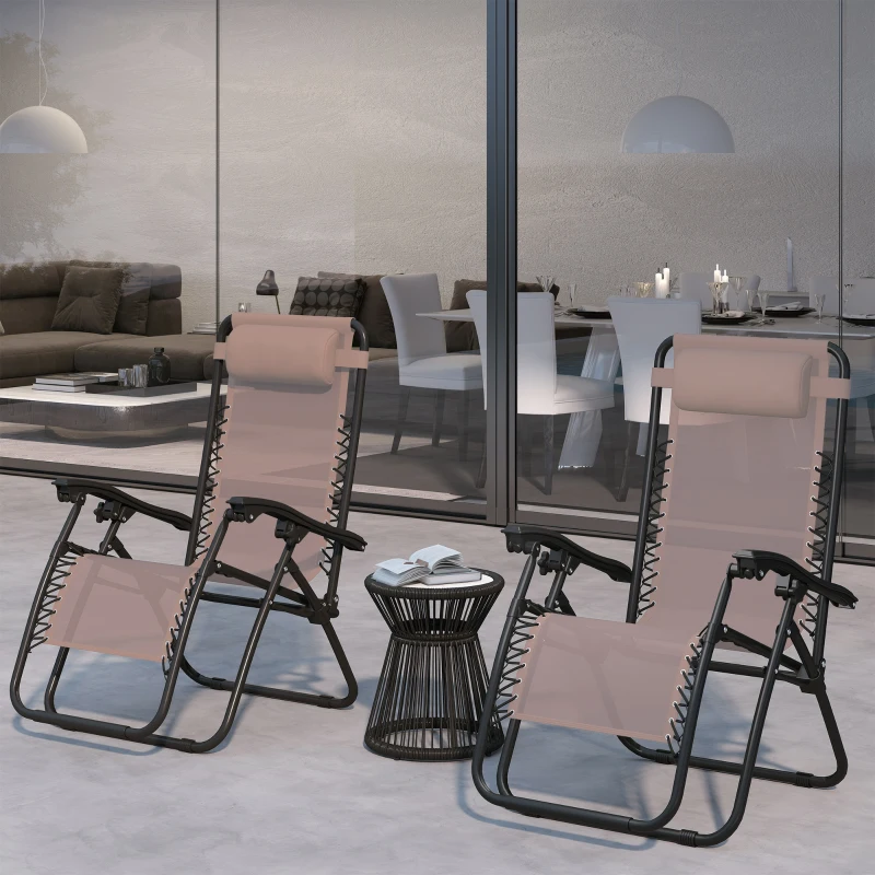 Outsunny Zero Gravity Chair Set of 2, Metal Frame Texteline Armchair Outdoor Folding and Reclining Sun Lounger with Head Pillow for Patio Decking Gardens Camping, Beige
