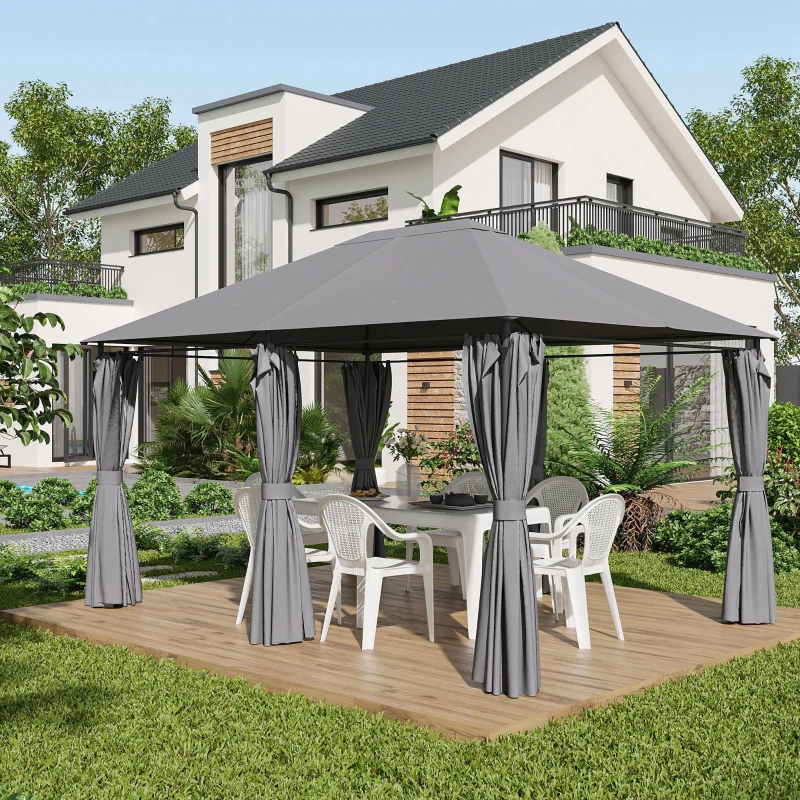 Outsunny Tonnelle de jardin barnum pavillon style colonial double-toit toiles latérales amovibles 4 x 3 x 2,72 m gris