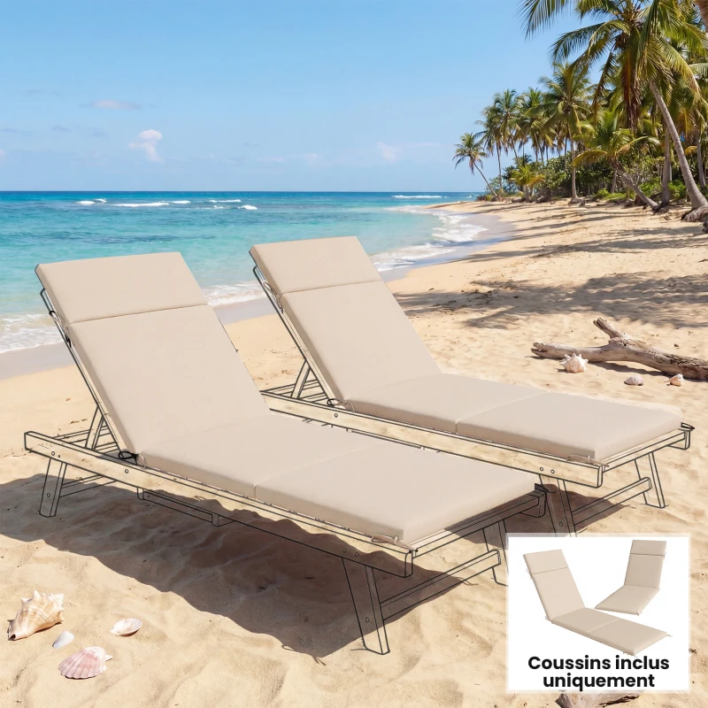 Outsunny Lot de 2 Coussins de Chaise Longue Bain de Soleil avec 6 Attaches, Résistance UV, 183x53,5x6,5cm, Crème