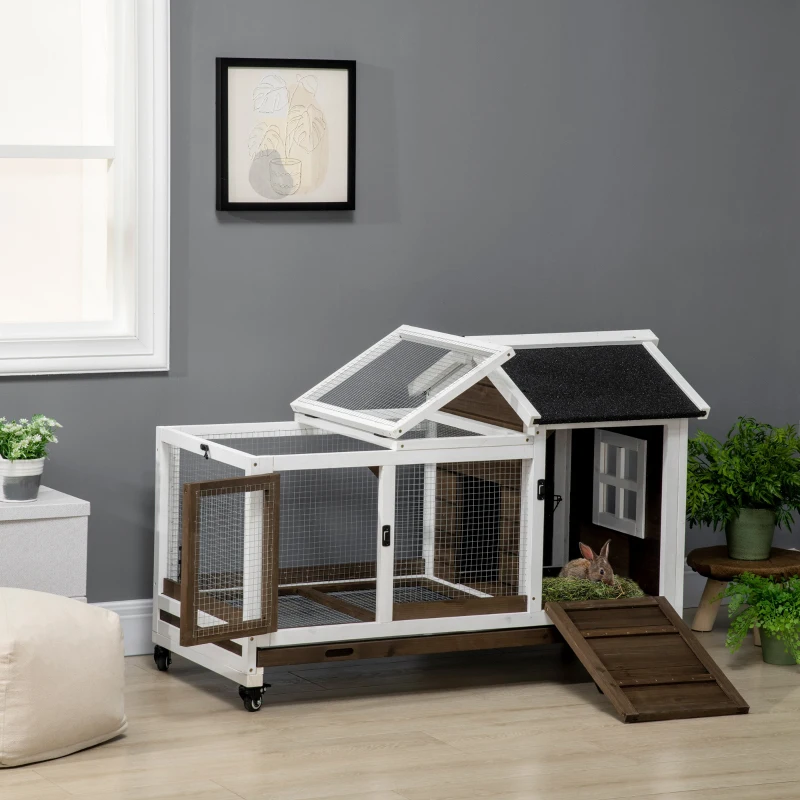PawHut Wooden Rabbit Hutch, Guinea Pig Cage, with Removable Tray, Wheels - Brown