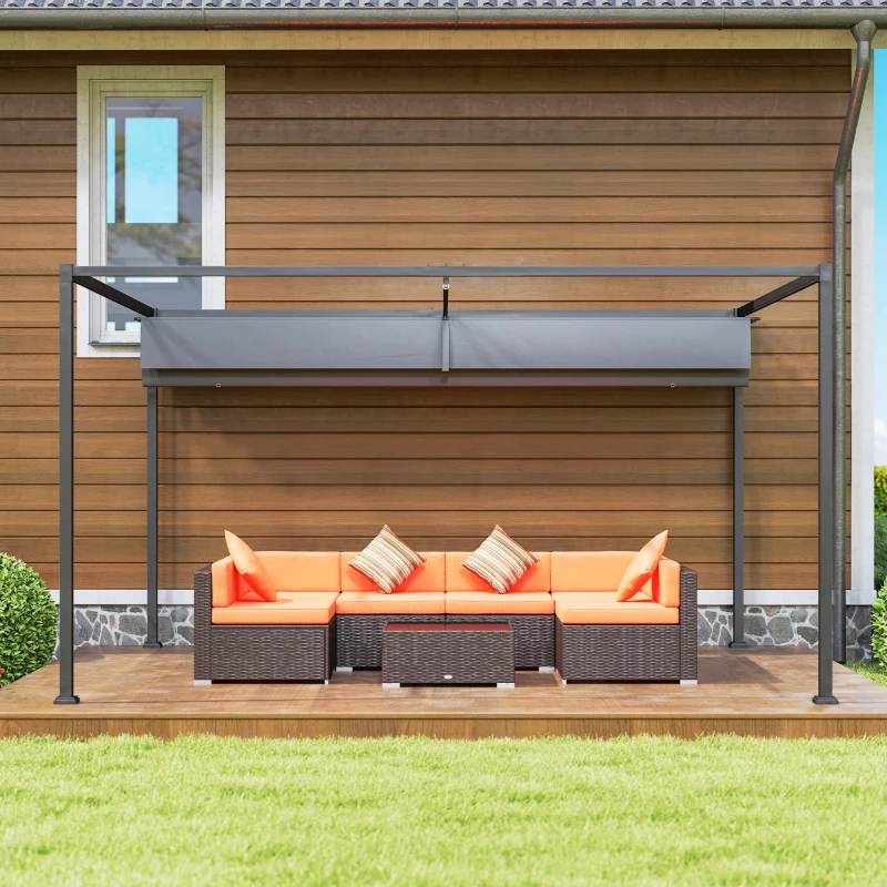 Outsunny Gazebo Pergolă 4x3 m cu Acoperiș Retractabil, Orificii de Drenaj, Picheți și Șuruburi, Pergolă de Grădină din Poliester și Metal, pentru Terasă, Verandă, Exterior, Gri Închis