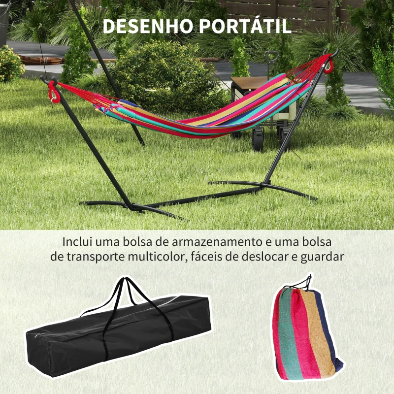Outsunny Cama Rede com Suporte 310x117 cm com Bolsa de Transporte Altura Ajustável Capacidade 120 kg para Campismo Laranja