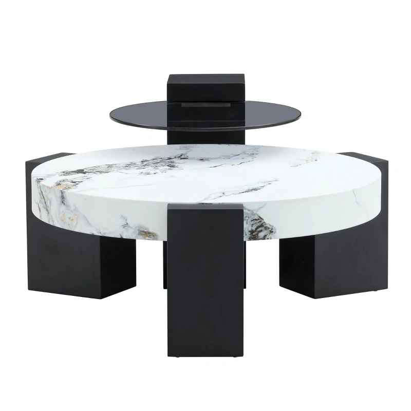 Table basse ronde moderne à 2 niveaux, design démontable et modulable, bords arrondis, 61x61x30 cm, Blanc+Noir