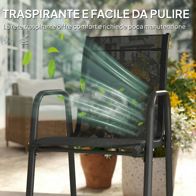Outsunny Set 6 Sedie Impilabili e Traspiranti con Braccioli e Schienale Alto, in Metallo e Poliestere, 51L x 69P x 87A cm, Nero