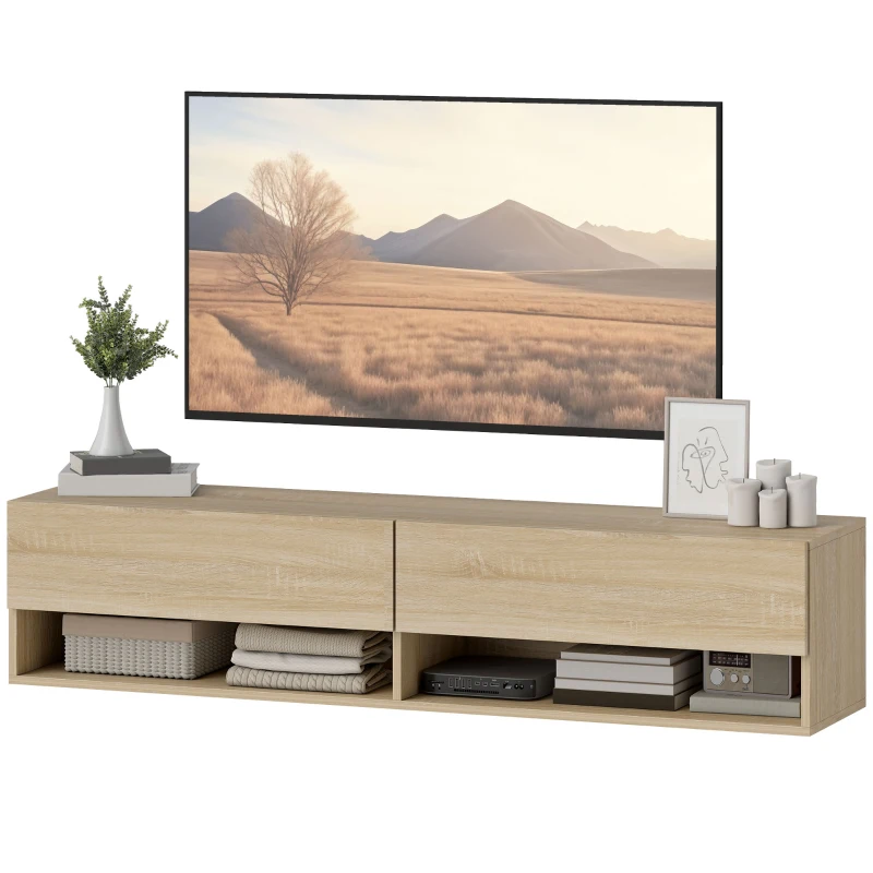 HOMCOM Mueble de TV Suspendido 2 Cajones Abatibles 2 Estantes Abiertos para Televisión 60 Pulgadas 140x32x31 cm Madera Natural