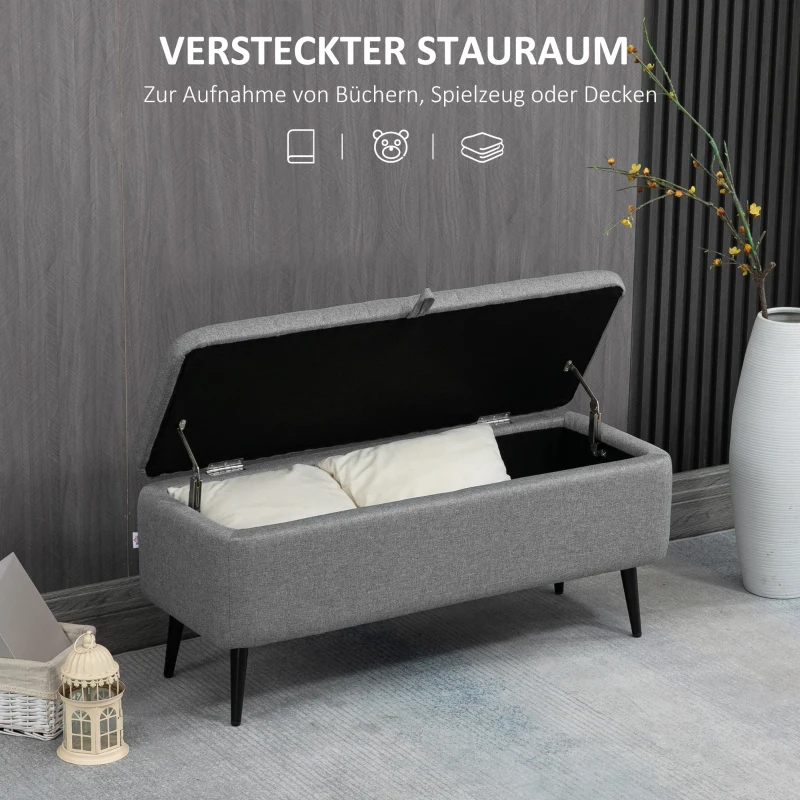 HOMCOM Zitbank met Opbergruimte, Gestoffeerde Bank met Linnenlook, Opbergbank met Stalen Poten 102 x 40 x 44 cm, Grijs