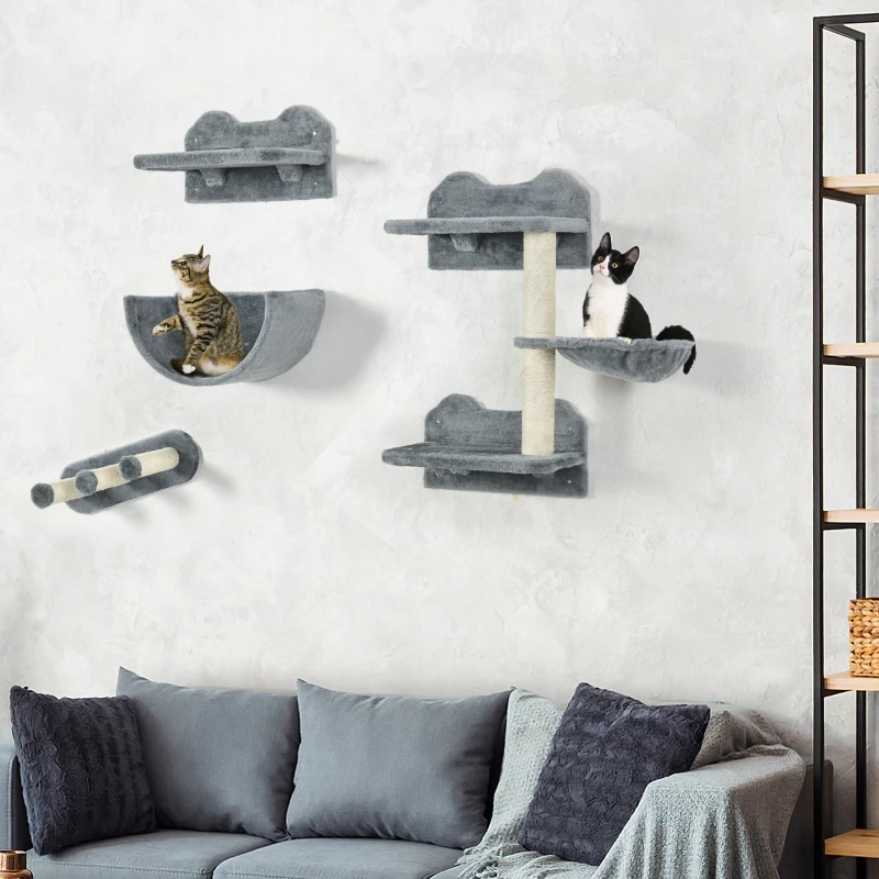 PawHut Arbre à chat parcours mural complet 4 pièces griffoir hamac plateforme sisal peluche gris
