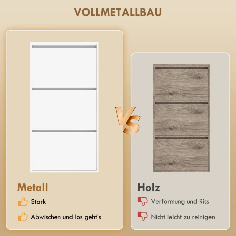 HOMCOM Metalen schoenenkast met 3 klapladen, slank ontwerp, wandmontage, voor 6 paar schoenen, wit
