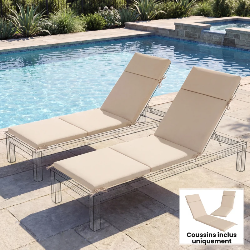 Outsunny Lot de 2 Coussins de Chaise Longue Bain de Soleil avec 6 Attaches, Résistance UV, 183x53,5x6,5cm, Crème