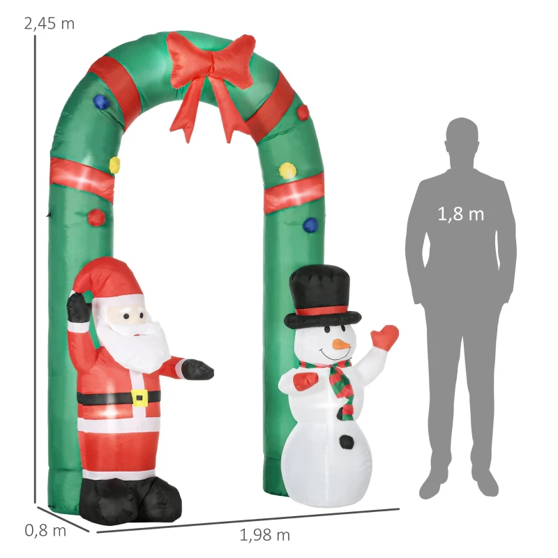 HOMCOM Opblaasbare boog met kerstman en sneeuwpop, LED-verlichting, ingebouwde ventilator, 198 x 80 x 245 cm.