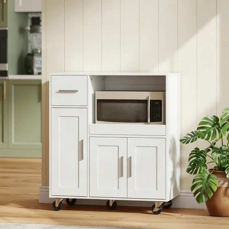 HOMCOM Desserte cuisine à roulettes, meuble micro onde, plateau coulissant, tiroir, placards 3 portes, 80x40x88,7cm, blanc(m-2)