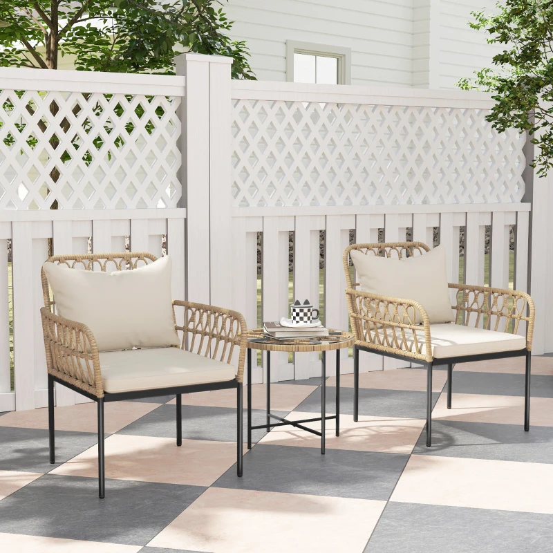 Outsunny 3 Piece Rattan Bistro Set, Wicker Garden Furniture Set with Cushions, Glass Top Coffee Table and Chairs for Outdoor, Patio, Balcony, Beige