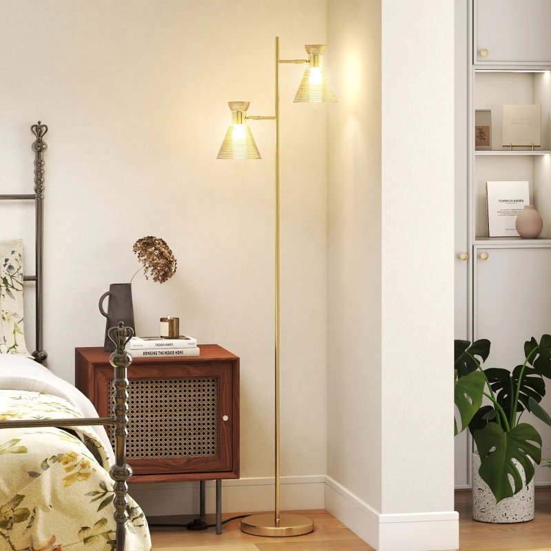 HOMCOM Lampada da Terra Moderna con 2 Luci e Teste Regolabili, Interruttore a Pedale, Oro