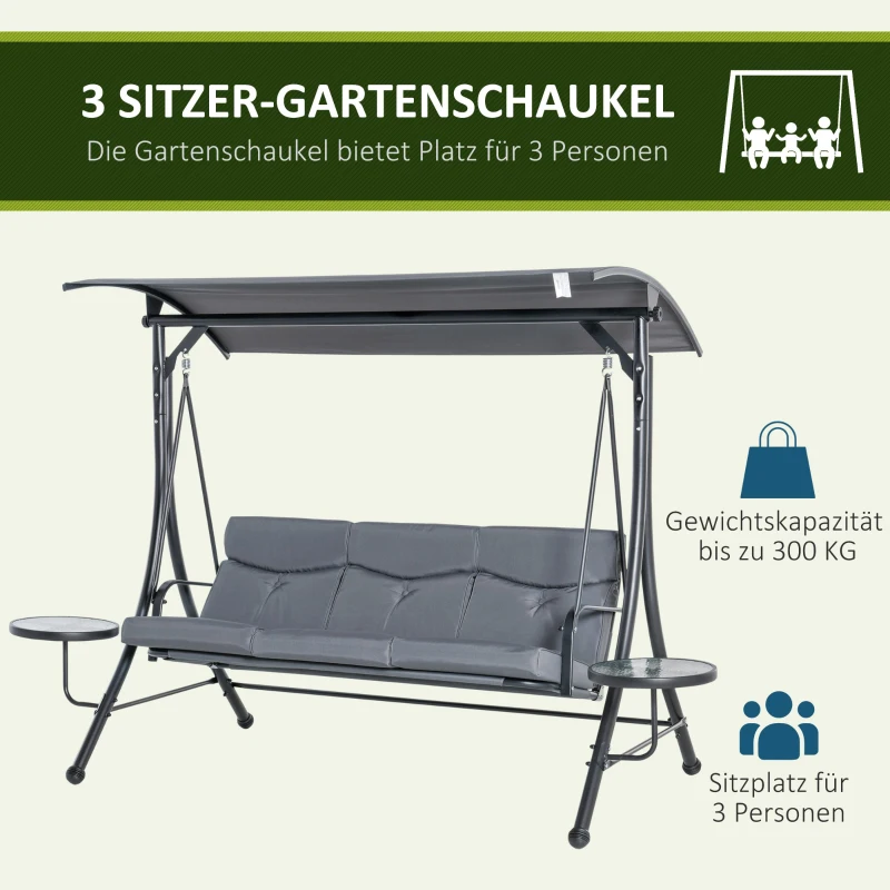Outsunny Hollywoodschommel 3-zitter tuinschommel met verstelbaar zonnedak theetafel
