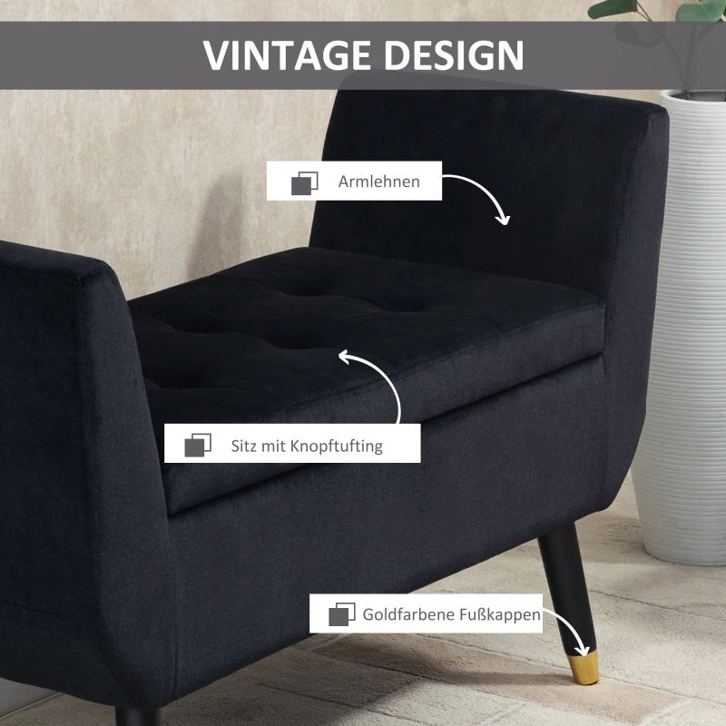 HOMCOM luxe bank gestoffeerde bank met opbergruimte armleuningen bank fluweelzacht polyester rubber hout zwart 107 x 42 x 65 cm(m-6)