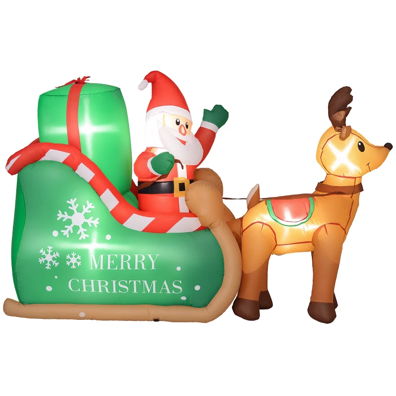 Outsunny Kerstman met Slee & Rendier, Opblaasbaar met Witte LED-Verlichting, 210 x 80 x 140 cm