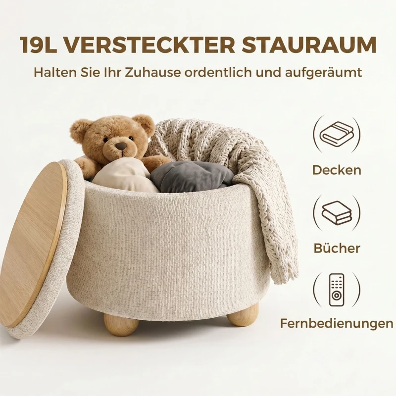 HOMCOM Opberghocker, ronde zitkruk met deksel, linnenlook, voor woonkamer en slaapkamer, 38,5 x 38,5 x 33,5 cm, beige