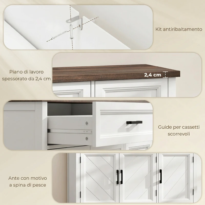 HOMCOM Credenza Cucina in Legno con 3 Ante a Fienili, 2 Cassetti e 2 Ripiani Regolabili, Bianco