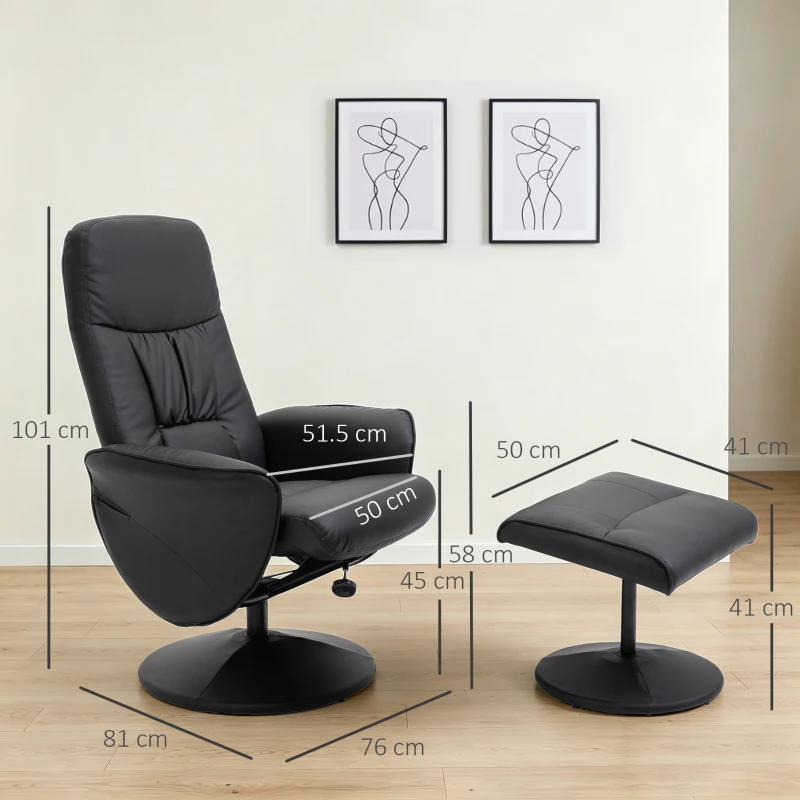 HOMCOM Fotoliu Relax Rotativ 360° din Metal și Piele Sintetică, cu Suport pentru Picioare, Spătar Reglabil, Negru