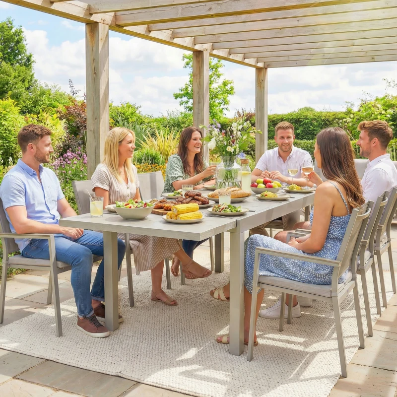 Outsunny Extending Garden Table, Aluminium Outdoor Dining Table for 8-10 with Wood-Like Grained Surface, Light Grey Wood Effect