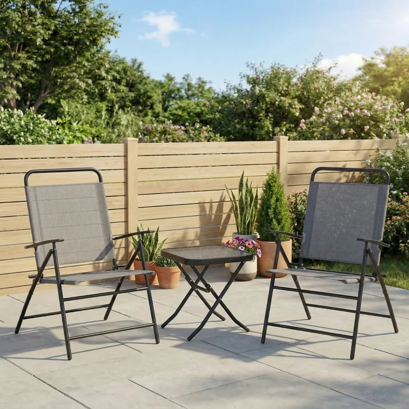 Outsunny Conjunto de 3 Piezas Mesa con Encimera de Cristal y Sillas Plegables con Respaldo Regulable para Terraza Exterior Gris