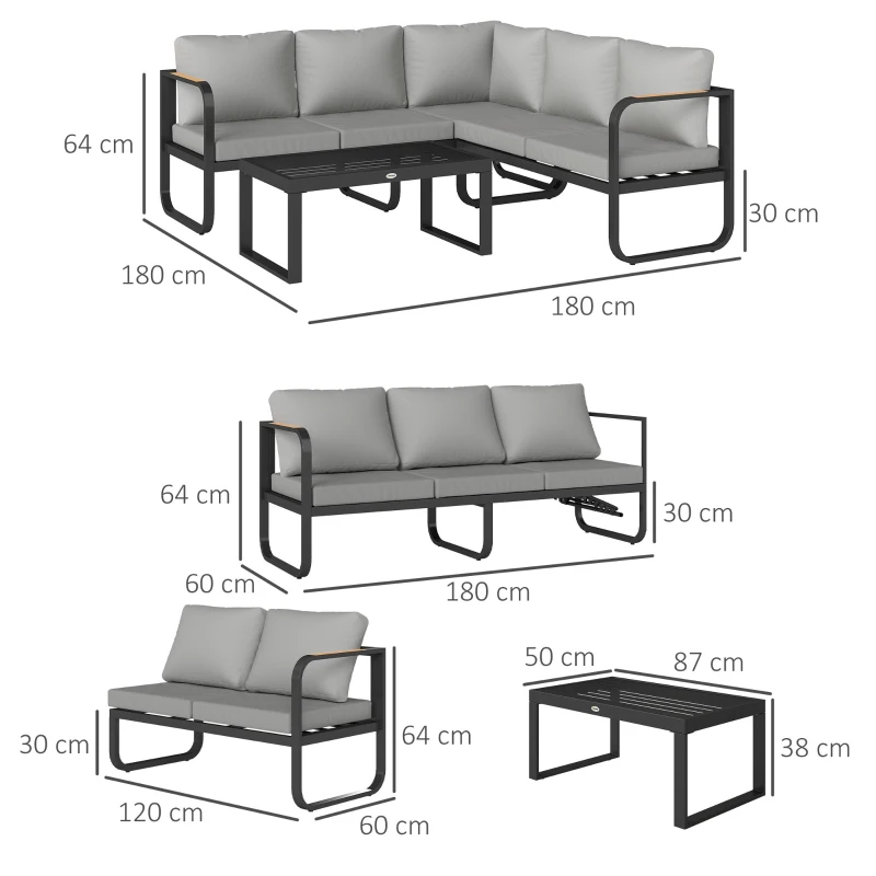 Outsunny L-vorm tuinset weerbestendig metaal zitgroep voor 5 personen tuinlounge met 2- en 3-zitsbank, kussens en bijzettafel, outdoor balkonmeubel-set terrasmeubel voor tuin en balkon, grijs