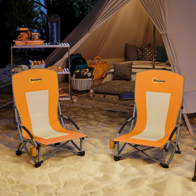 Outsunny Lot de 2 chaises de plage pliable chaises camping pliante légère sac de transport porte-gobelet 70 x 58 x 79 cm orange
