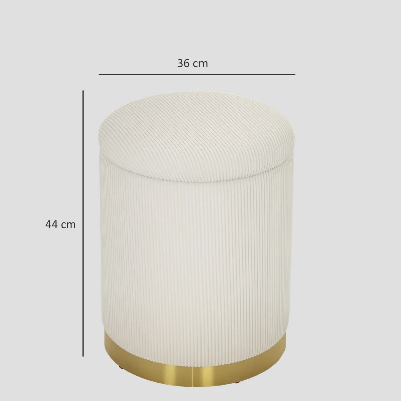 HOMCOM Zitpoef met Opbergruimte, Opvouwbare Poef met Deksel, Stalen Bodem, Ronde Voetenpoef 36 x 36 x 44 cm Crèmewit