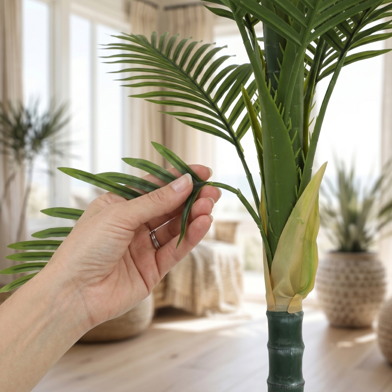 HOMCOM Kunstpalm 150cm Kunstplant met 16 Palmbladeren Grote Kunstplant in Pot voor Woonkamer Balkon Decoratie Groen