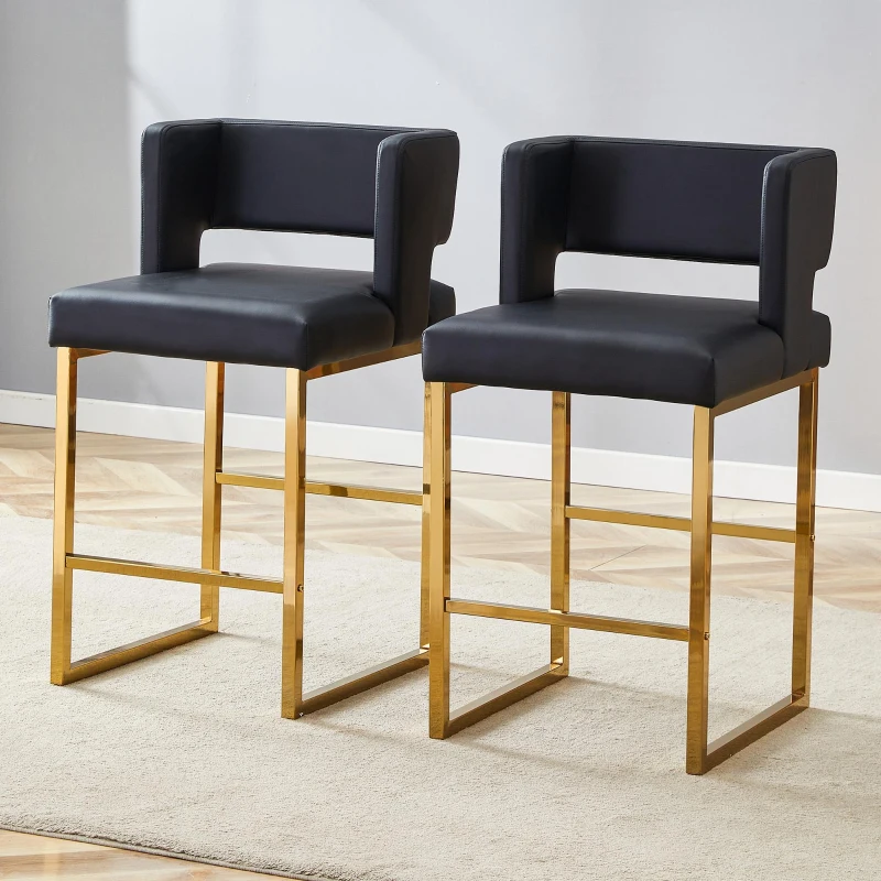 Lot de 2 tabourets de bar nordiques, design carré moderne, imperméable et facile à nettoyer, 48x53.3x91.4 cm, Noir+Doré